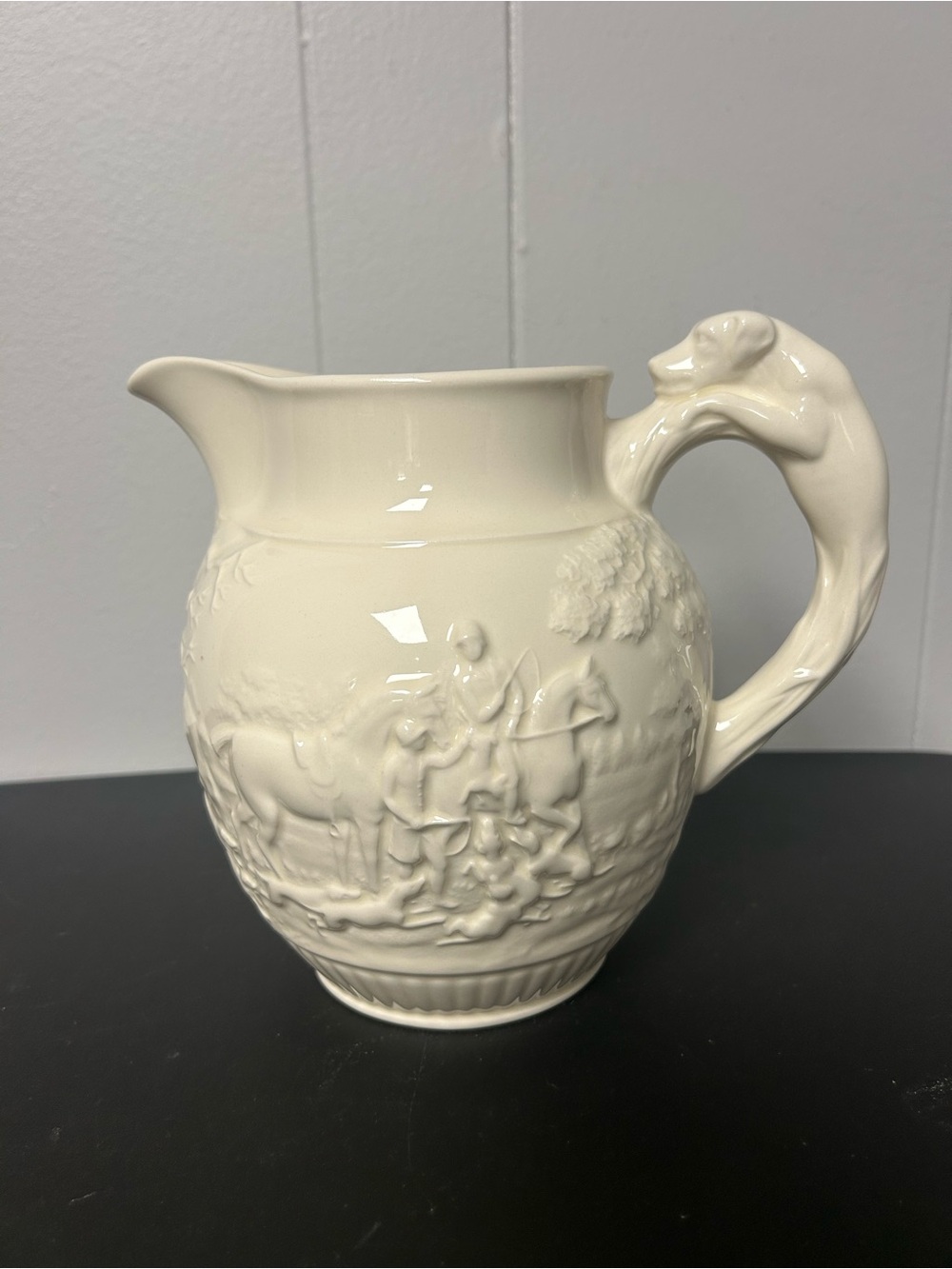 Wedgwood Devonshire Pitcher with Dog Hunting Horse scene Dog Handle